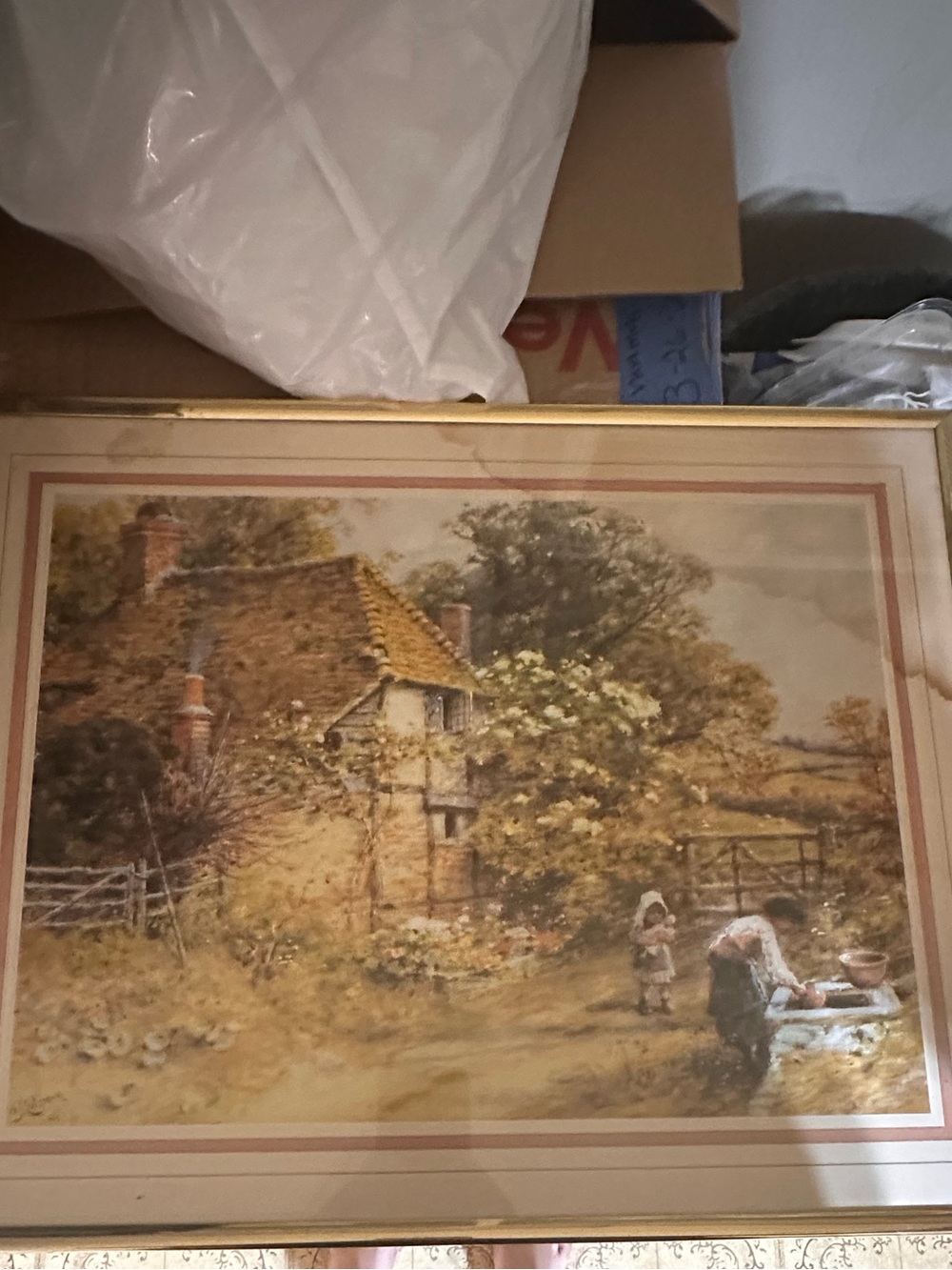 Framed Cottage Landscape Wall Art - Gold Frame, Beige Tones